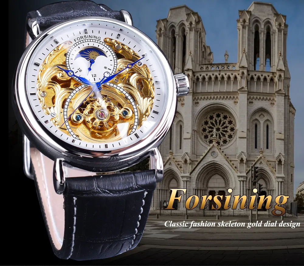 Qualité Forsining – Montre De Travail Ouverte Blanche Et Dorée Pour Homme,  Automatique, À La Mode, Avec Aiguilles Bleues, Marque De Luxe, Cuir  Véritable Noir, 284e, Nouveau Style Tendance En 2022