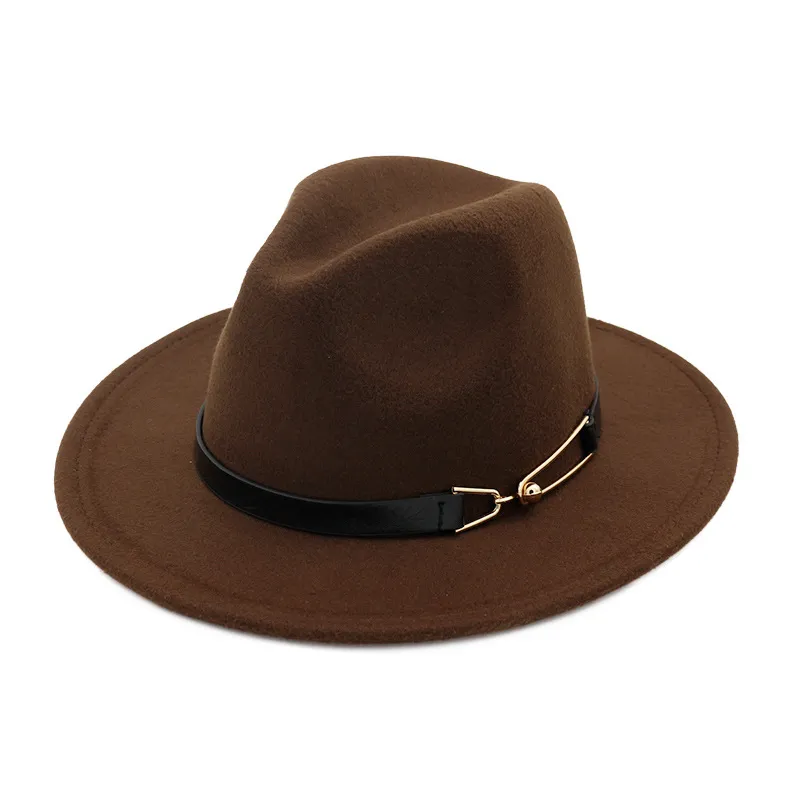 Fashion-European US Män Kvinnor Ullfilt Fedora Hattar med bälte Bucklewide Brim Jazz Hat Höst Vinter Panama Cap Trilby Chapeau