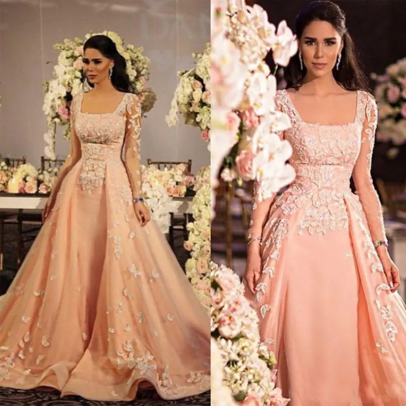 Elegant Blush A Line Evening Dresses Long Sleeves Arabic Indian Applique Lace Satin Formal Pageant Dress Vestido de festa