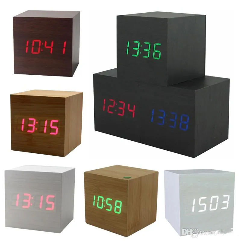 Cube Trä LED Alarm Clock LED Display Elektronisk skrivbord Digitalt bord Klockor Trä Digital Väckarklocka USB Voice Control Horloge