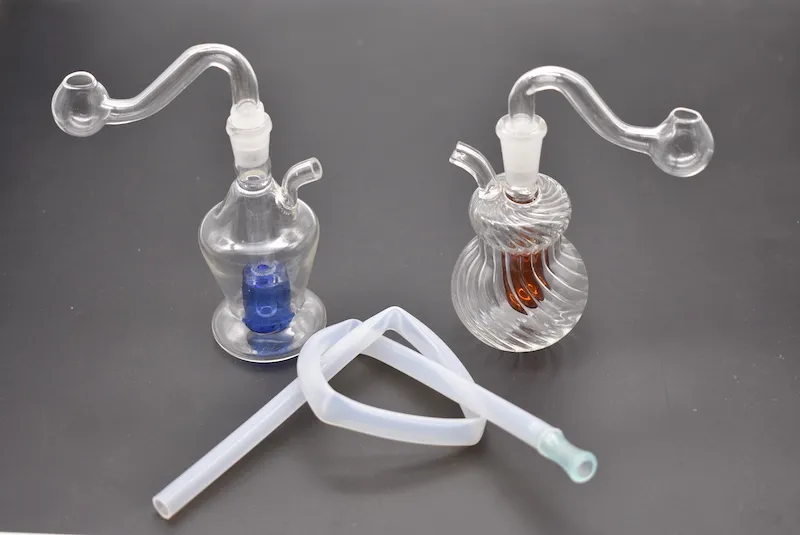 Cheap 8cm 2style colorful Portable 10mm female Glass oil burner Pipes Smoking Recycler mini Water bongs dab oil rig bong