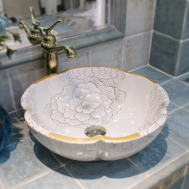 Kwiat Art Procelain Chinese Europe Vintage Styl Art Waszyna Umywalka Ceramiczny Counter Top Waszyn Basin Łazienka Zlew Łazienka Umywalka