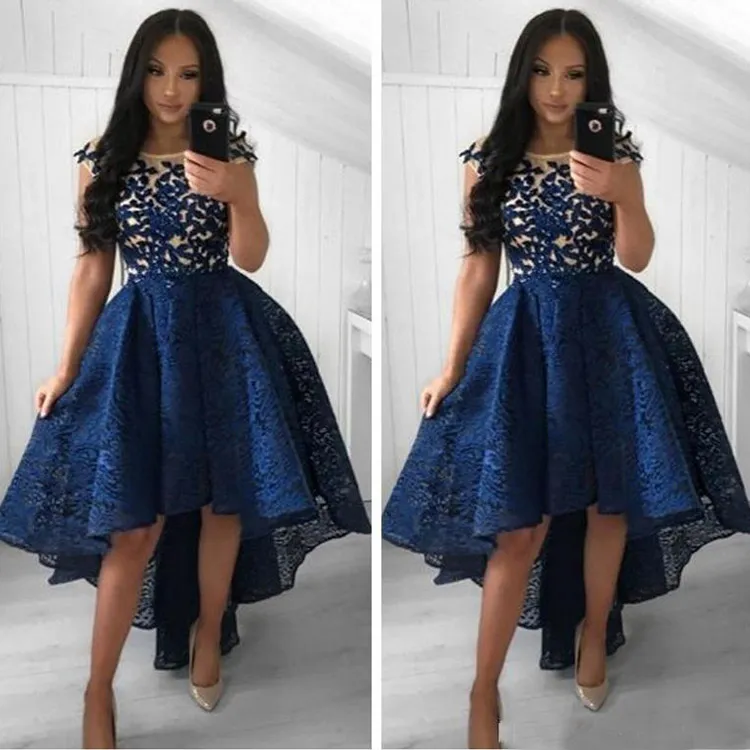 Elegant Short Sleeves High Low Prom Dresses Lace Appliques Girls Party Gowns Pleated Lace Formal Evening Pageant Dress