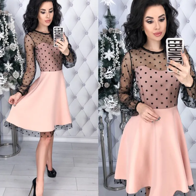 Kvinnor Vintage Lace Patchwork A-Line Party Dress Långärmad O Neck Solid Mini Dress 2019 Vår New Fashion Chic Kvinnor Klänning