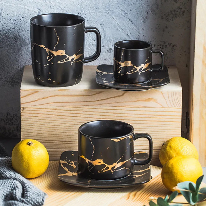 Hot Sales Ceramic Tea Cup and Saucer Set Creative Golden Design Porslin Tea Cup Set Black Coffee Cup Set Drinkware