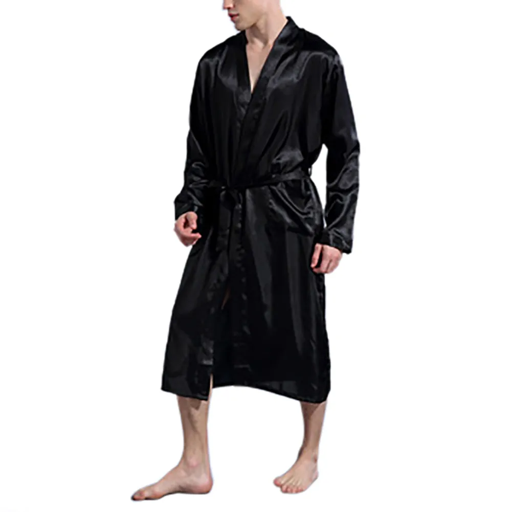 Men's Silk Satin Bathrobe Robe Long Solid Silk Pajamas Men Nightgown Sleepwear kimono homme Dressing Gown