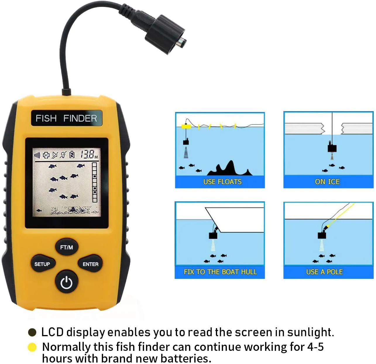 Handheld Fish Sonar Finder With Sonar Sensor, LCD Display, 5 Modes