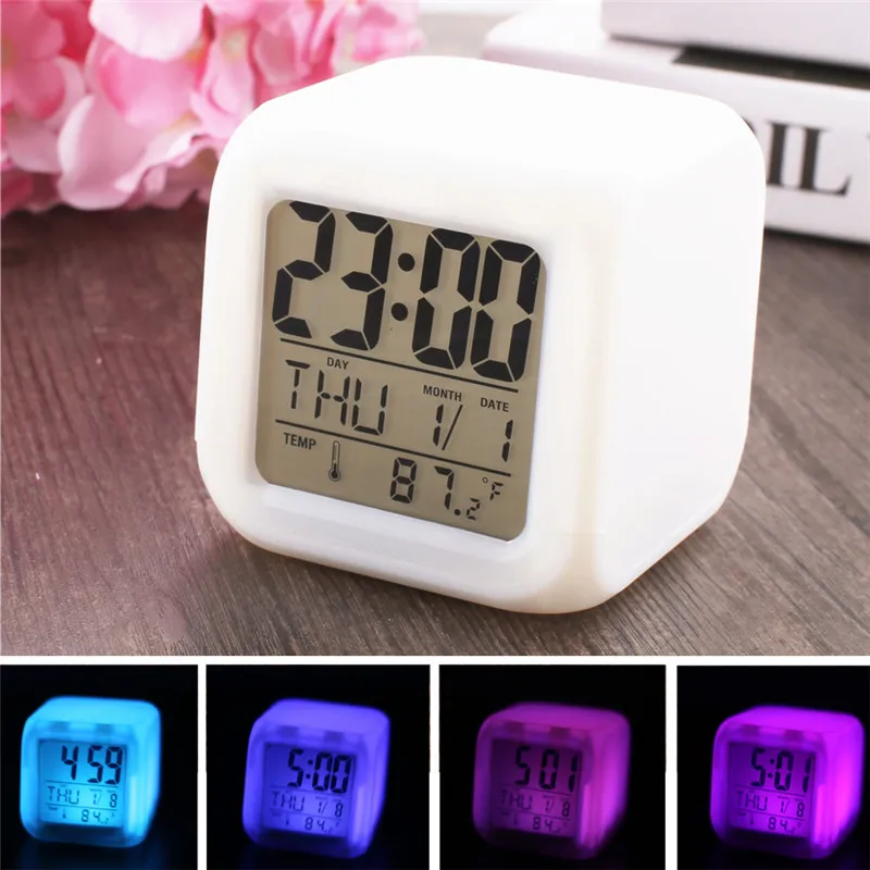 LED Digital Alarm Clock 7 Colori che cambiano Display elettronico Orologio temperatura Sounds Calendar Control Desktop Clock