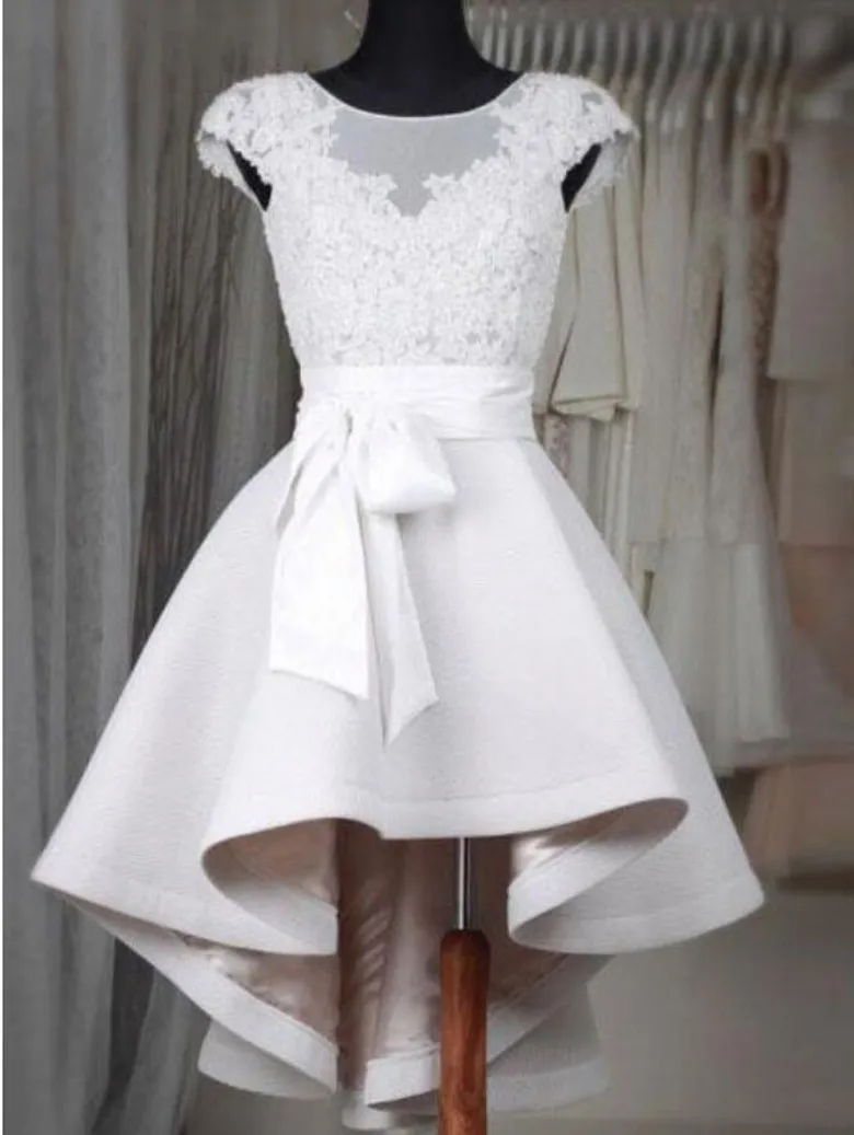 2019 wysokie niskie krótkie suknie ślubne z rękawami czołowymi klejnot krótkie przednie długie plecy nieformalne letnia recepcja suknia ślubna