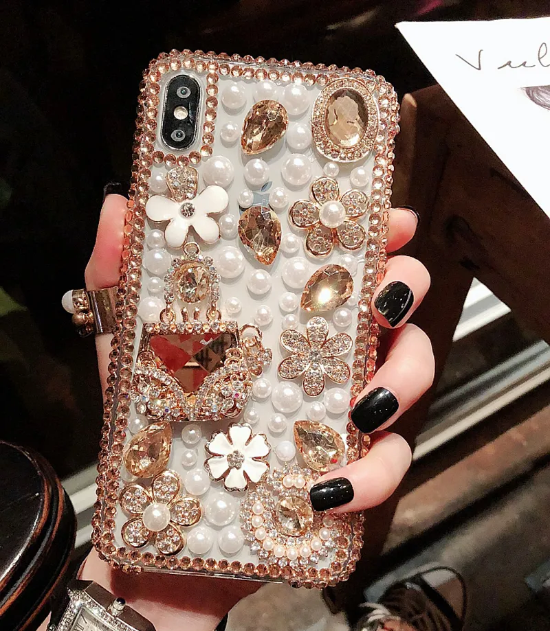 Glitter Rhinestone Diamante Pérola claro capa para iPhone 11 Pro XR XS MAX X 8 7 6 Samsung S10 Além disso S10E Nota 9 10 10 + A10 A20 A30 A50 A70 A80