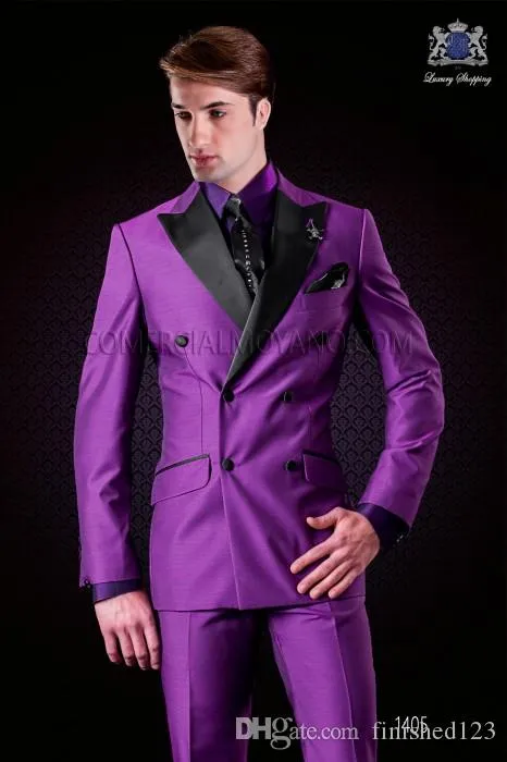 Mais novo noivo roxo de peito duplo Tuxedo Peak Lapel Men Suits 2 peças de casamento / Prom / Jantar Blazer (jaqueta + calça + gravata) W772