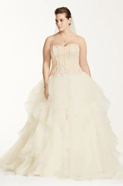 2019 Plus Size Oleg Cassini Vestidos De Noiva Organza Plissado Saia Querida Apliques Vestidos De Noiva Elegantes Vestidos