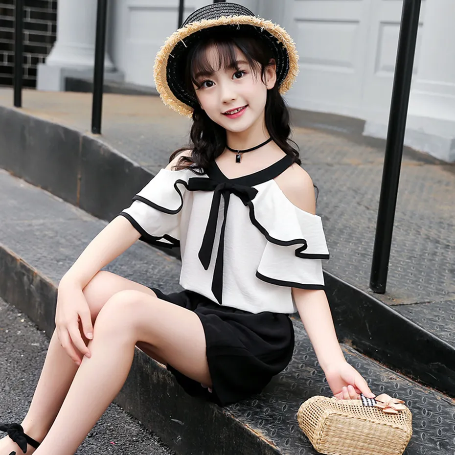 Solid Off Shoulder Shirt Shorts Suit Summer Clothes For Teenage Girls Clothing Set 6 10 12 13 14 Year Y190522