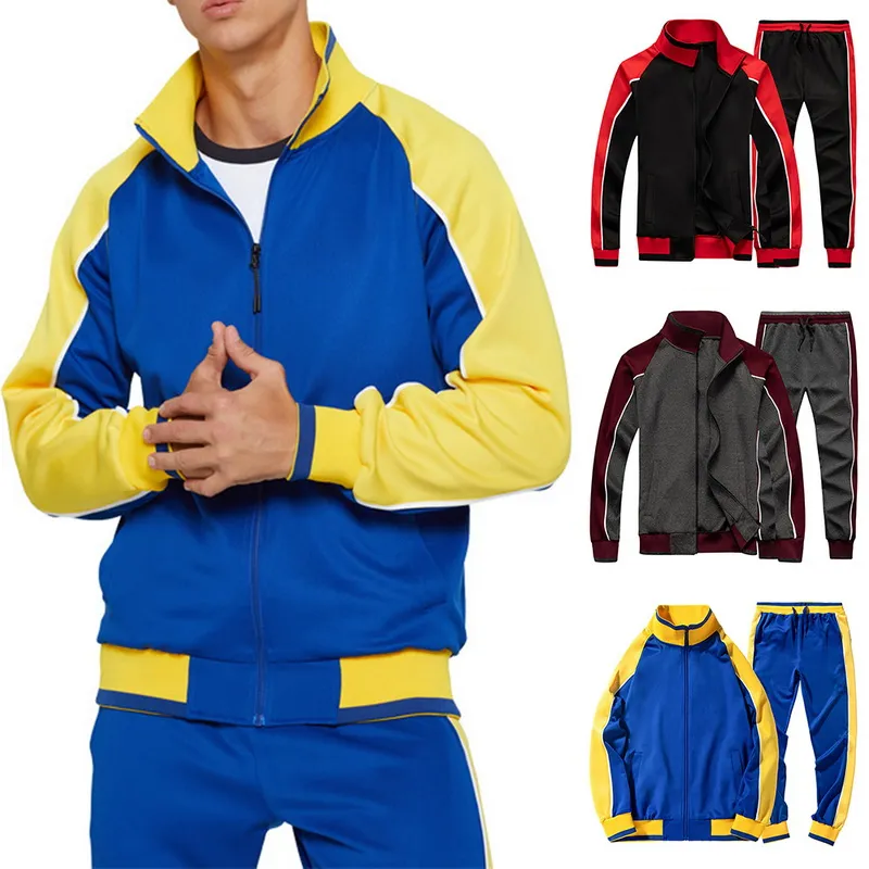 2020 hommes survêtement Sport fermeture éclair Patchwork imprimé homme sweat + pantalon costume 2 pièces hommes sweats à capuche sweatppants ensembles de vêtements de sport