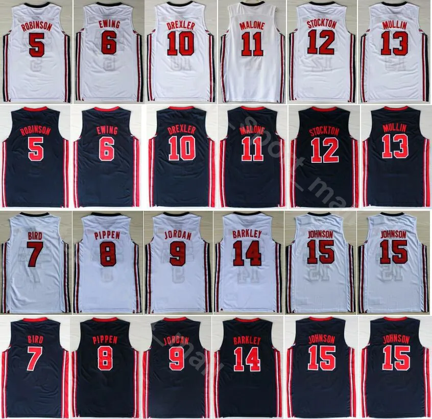 Team One 1992 Basketballtrikot Larry Charles Barkley Patrick Ewing Scottie Pippen Michael Clyde Drexler John Stockton Malone Johnson Nationaltrikot Blau Weiß