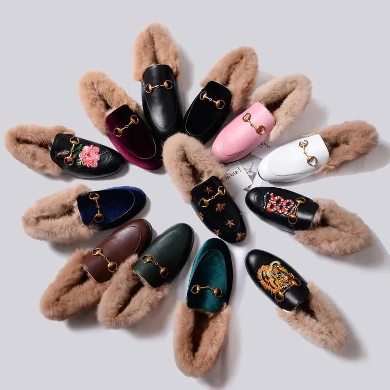 Hot Sale-new Womens Velvet fur Backless Loafer Mule Slide Princetown Shoes Metal Buckle Warm