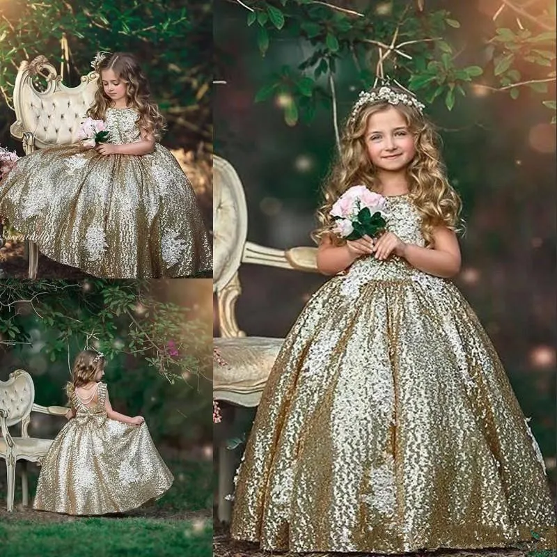 Sparkly Gold Sequined Ball Gown Flower Girl Dresses For Wedding Lace ...