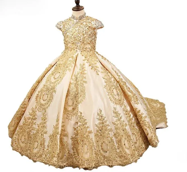 Girl's Pageant Dresses 2020 Modest Gold Sequins Lace Satin Flower Girl Gowns Formal Party Dress For Teens Kids Size 3 5 7 9