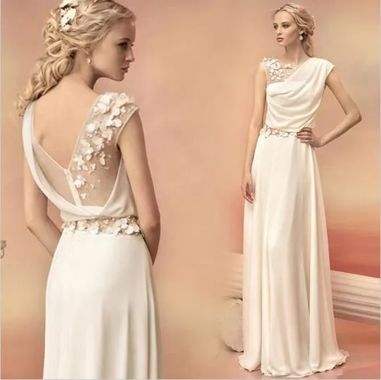 Robes de soirée longues 2016 mariée princesse banquet dentelle mousseline de soie robe de bal déesse grecque élégante fleur dos nu, plus la taille formelle Dr308R