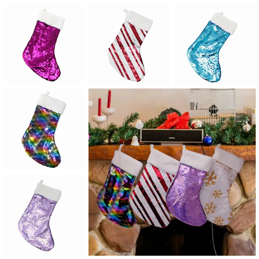 Juldekoration Reversible Sequin Stocking Pendant Hang Tillbehör Godisväska Gåvor Bag Party Supplies 5 färger ZZA1143