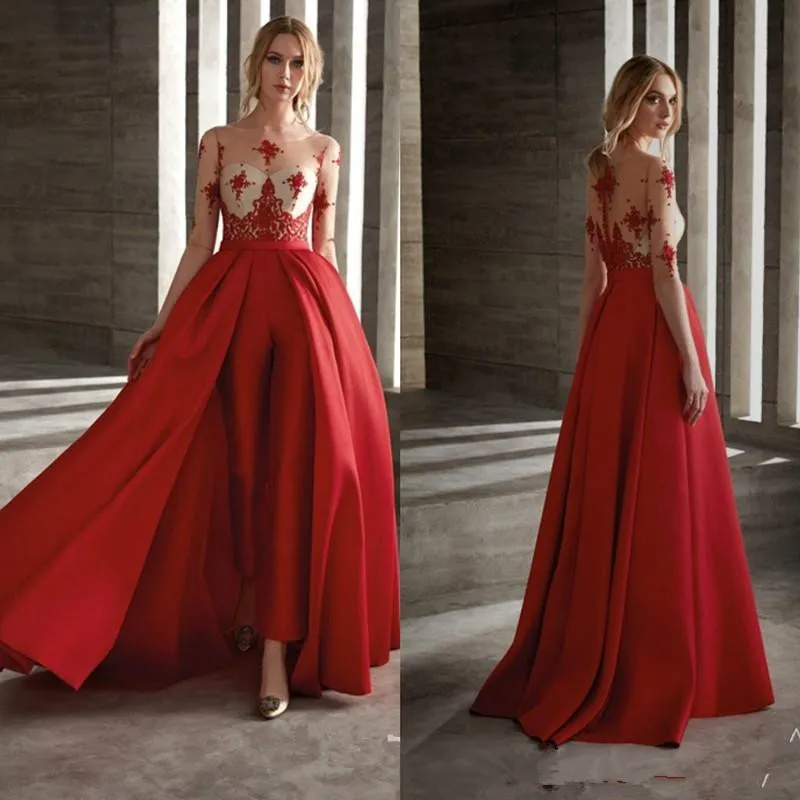 Red Lace Stain Silanie kombinezon z pociągiem nowoczesny pół rękawów Sheer szyi pełna długość arabska okazja wieczorna sukienka z garniturem spodni