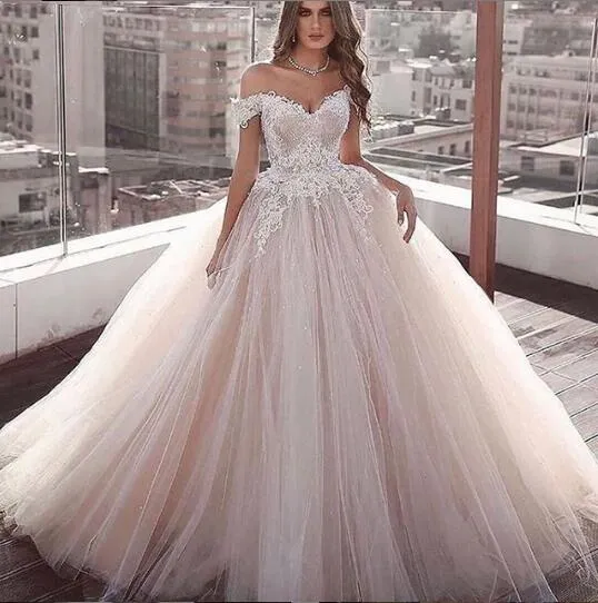 2020 nouvelle arrivée robe de bal tulle champagne robes de mariée hors épaule robes de mariée dentelle appliques cristal robes de mariée abito da sposa