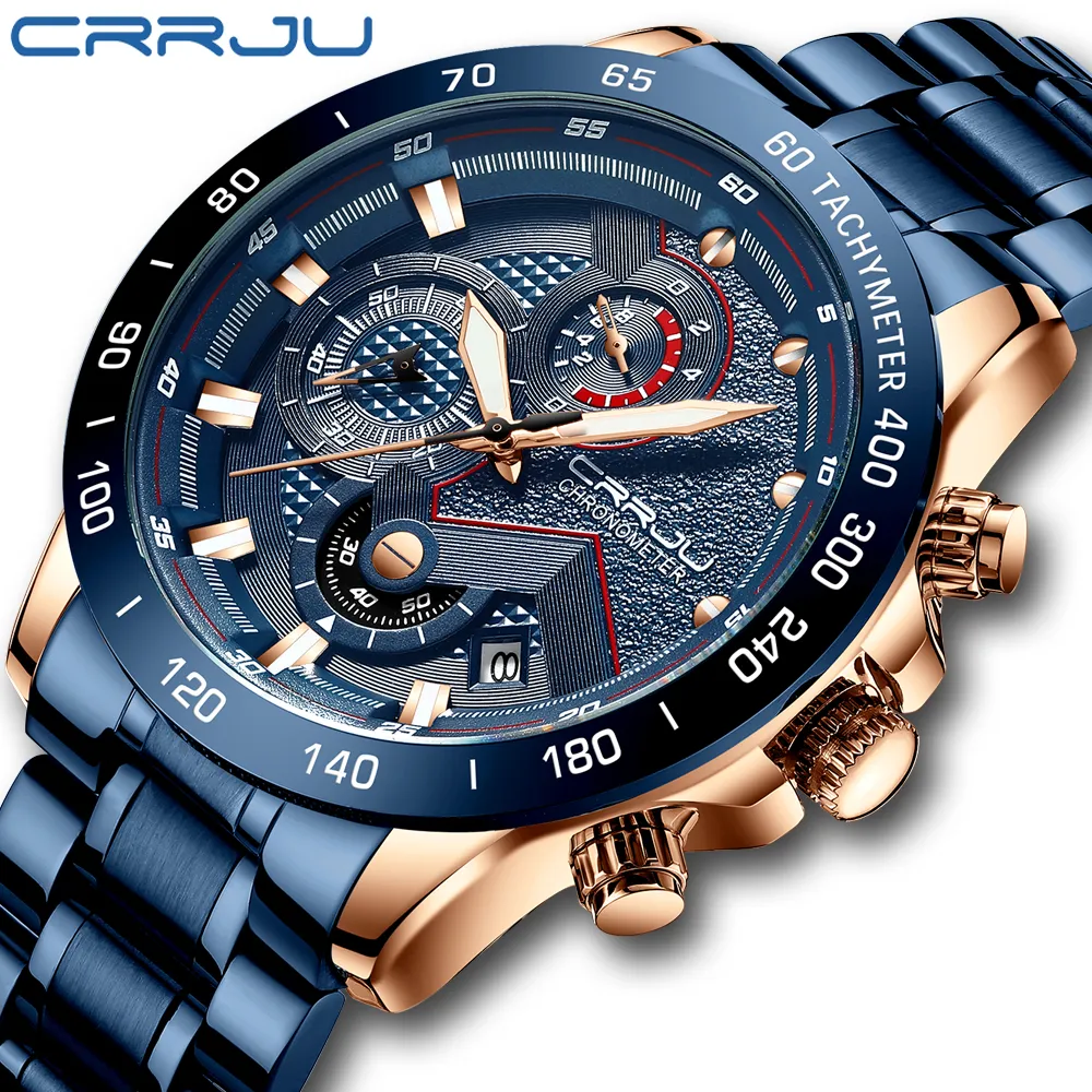 トップラグジュアリーブランドCrrju New Men Watch Fashion Sport Sport Chronograph Male Satianless Steel Wristwatch Relogio Masculino Nice 257J