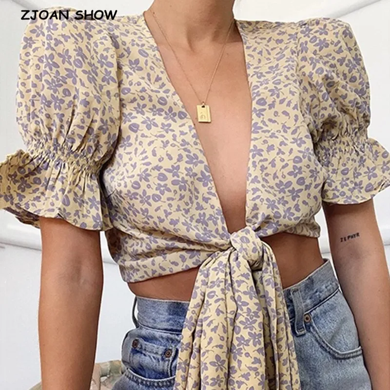 2020 Spring Vintage Yellow Floral Print Shirt Retro Short Sleeve Bandage Bow Short V-Neck Lacing Up Tie Bow Cardigan Blouse