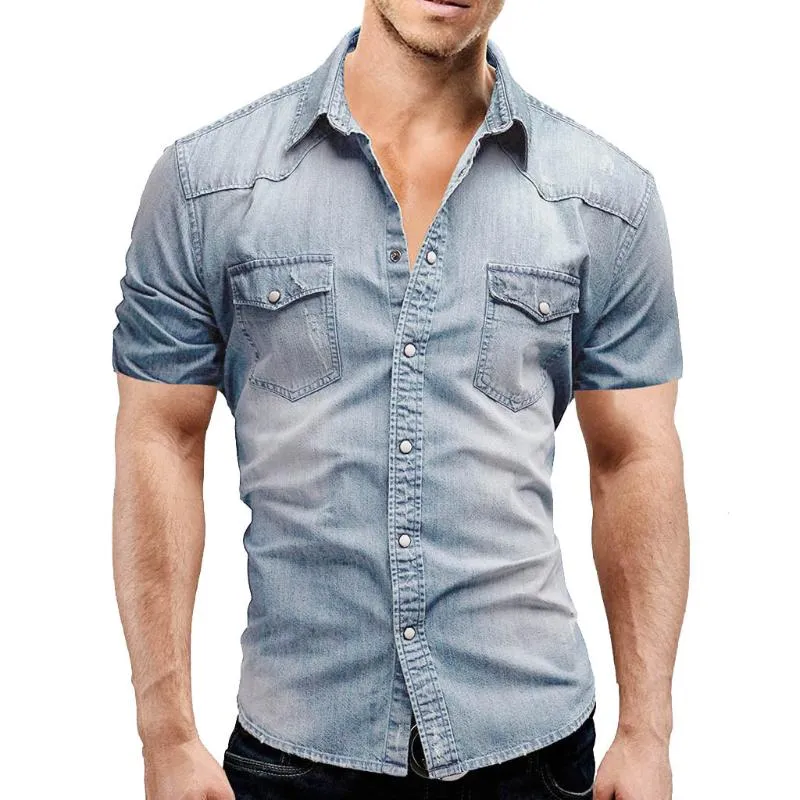 Denim Shirt Men Casual Slim Fit Button Shirt With Pocket Blouse Men Camisa Social Short Sleeve Tops Blouse