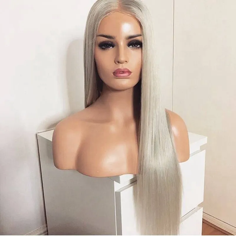 Alta qualidade de simulação humana Cabelos grisalhos Cabelo Perucas Longo Natural Cinzento Branco Prata brasileira sintética peruca dianteira do laço hairfor Mulheres Africano