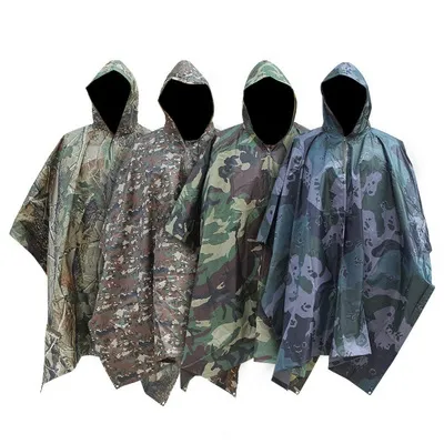 Camping Rain Cape Camouflage Hooded Raincoat Vandring Jakt Rain Coat Cloak Sun Shelter Ground Picnic Mat Multi-Function Outwear Yfa923