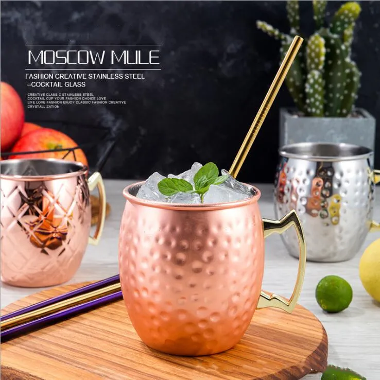 Moscow Mule Mok Roestvrij staal Bier Cup Rose Goud Zilveren Koper Mok Gehammered Copper Geplated Bar Drinkware Drank Mokken Cocktail Glass