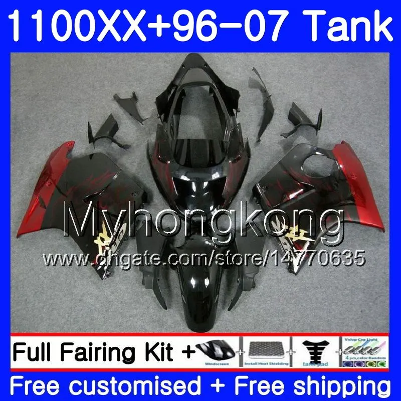 + Tank för Honda Blackbird CBR1100 XX CBR1100XX 96 97 98 99 00 01 271HM.20 CBR 1100XX 1996 1997 1998 1999 2000 2001 Red Flames Hot Fairings