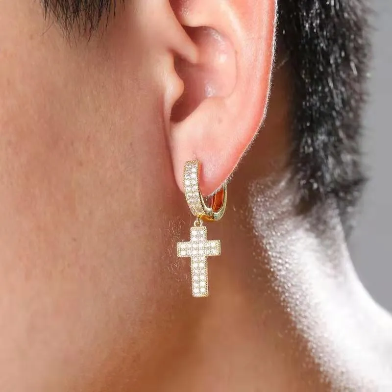 Men's Lab Grown Diamond Cross Dangle Earrings in 10K Yellow Gold