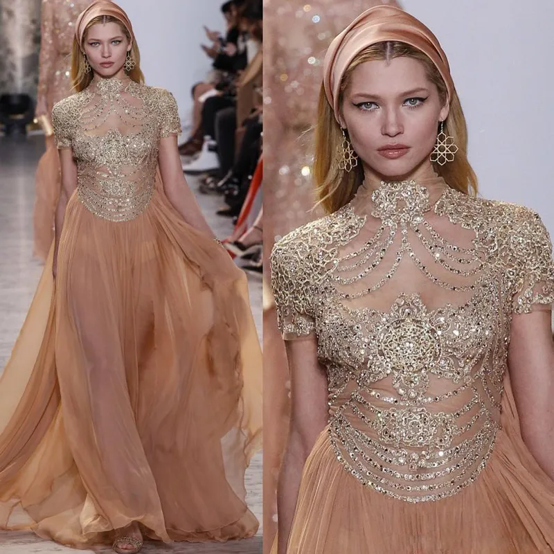 Elie Saab Вечерние платья трапециевидной формы с высокой горловиной Иллюзионный топ с короткими рукавами из шифона и бисера, расшитые блестками, взлетно-посадочной полосы, платья знаменитостей 326 326