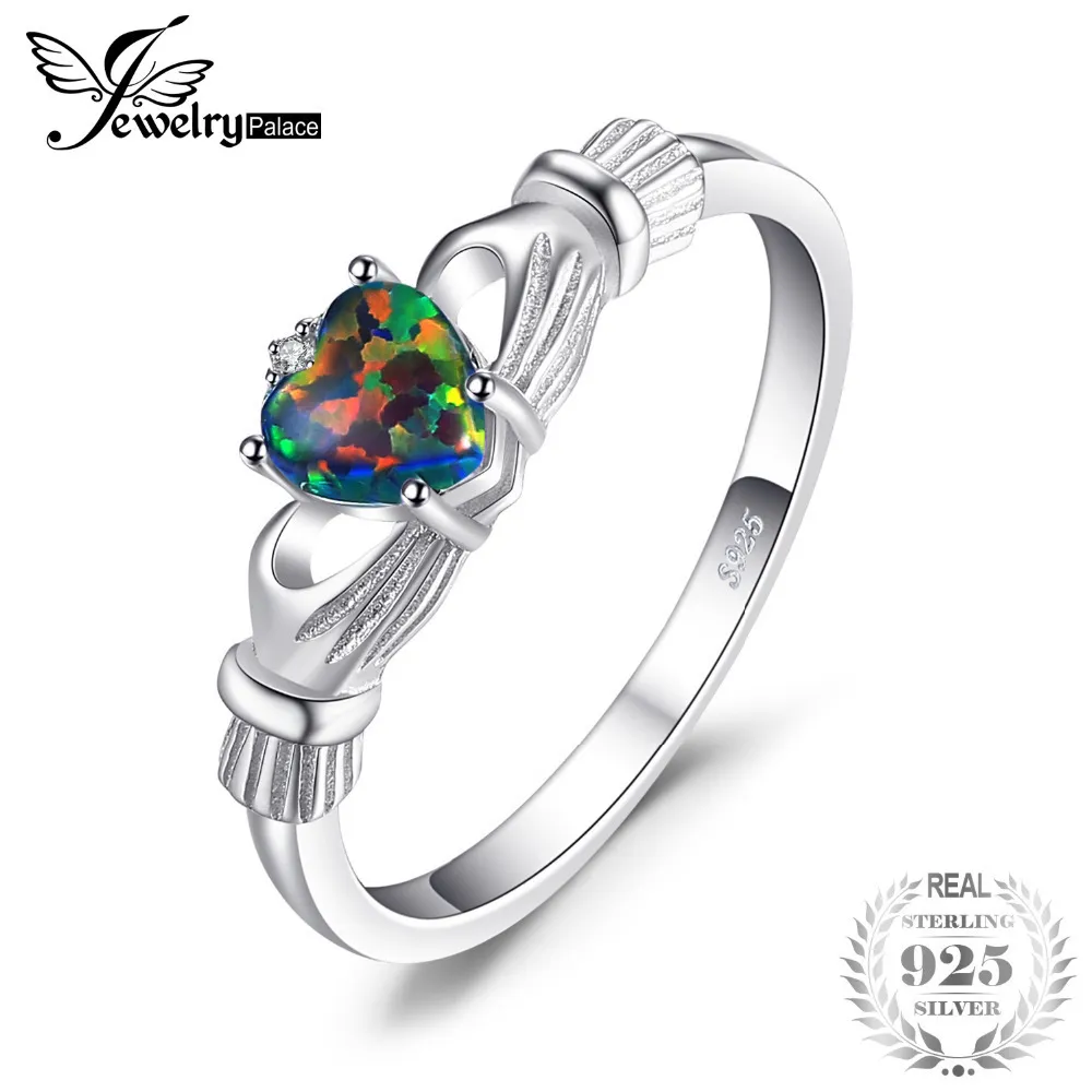 Jewelrypalace Noir Opale De Feu Multicolore Anneau Claddagh Irlandais Solide Anneaux En Argent Sterling 925 Amour Coeur Rainbow Gemstone Bijoux J190528