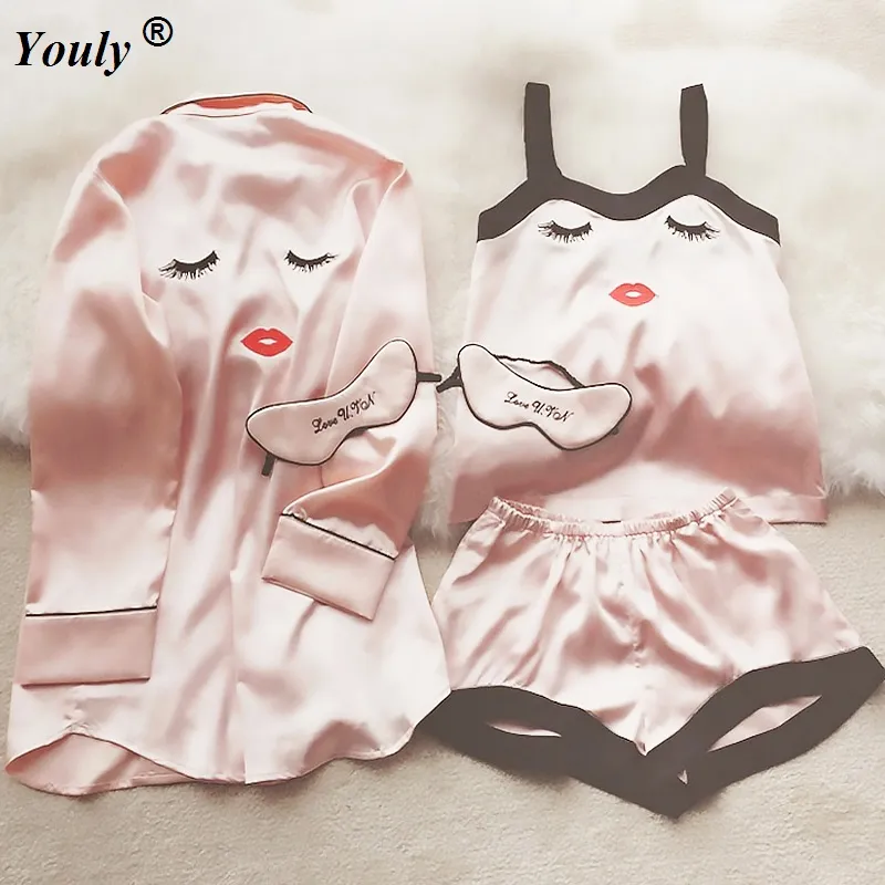 Pajama Silk Sets 4 Pieces Pajamas Women Sleepwear Female Satin Pijama 2019 Cute Fashion Pyjamas Women Silk Elegant Sleep Lounge