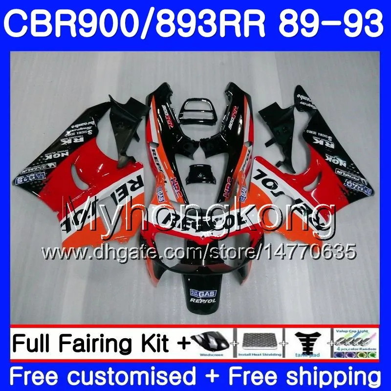 Body For HONDA CBR 893RR 900RR CBR900RR CBR893RR 89 90 91 92 93 253HM.1 CBR900 CBR893 RR Repsol orange hot 1989 1990 1991 1992 1993 Fairings