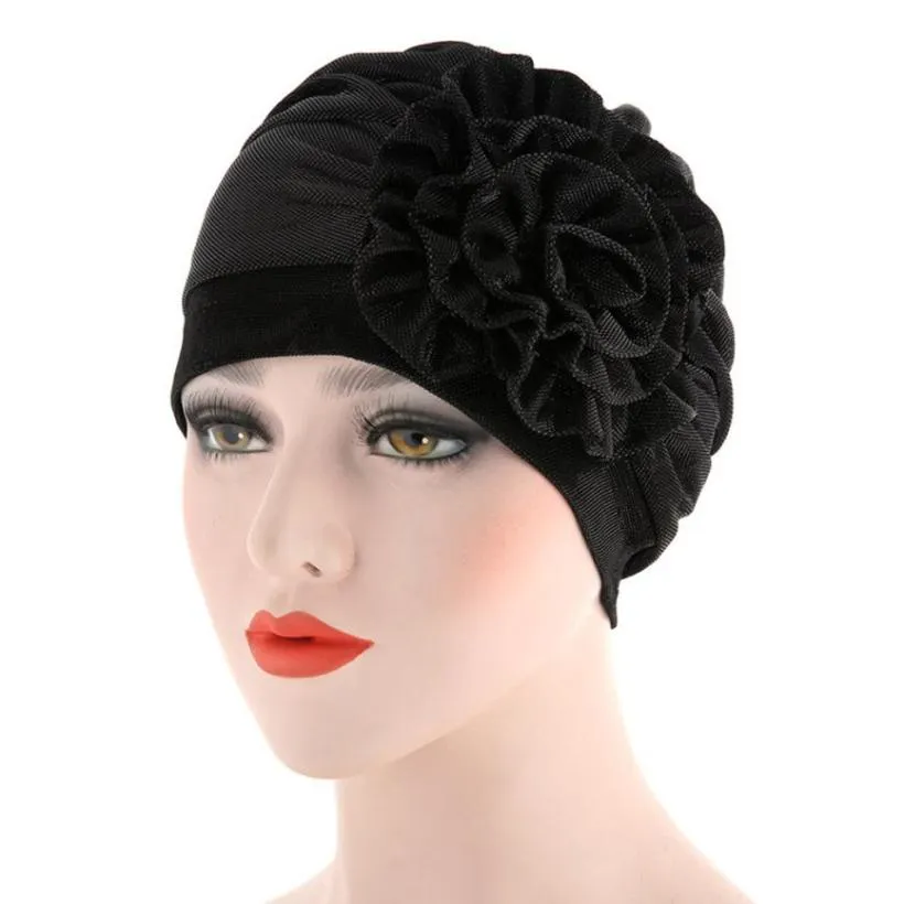 Femmes Bonnets Femme Chapeaux Écharpe Cancer Chapeau Bonnet Chimio Coton Turban Musulman À Volants Fleur Skullies Applique #800