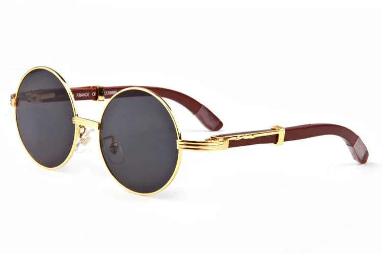 Partihandel-Rimless Round Solglasögon Märke Designer Solglasögon för män Kvinnor Buffalo Hornglasögon Klar brun lins Träram med låda