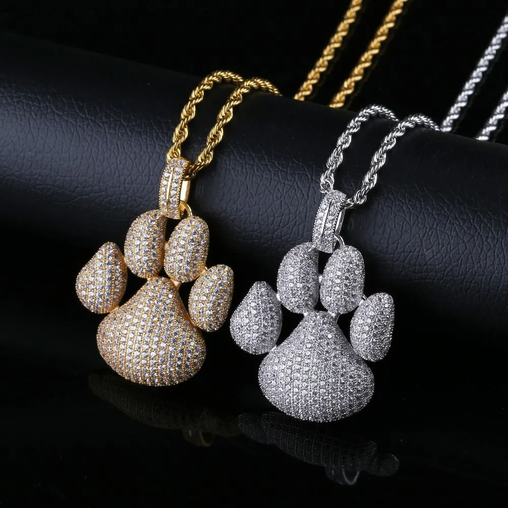 TOPGRILLZ Iced Out Cute Pets Dogs Footprints Paw Chain Pendant Necklace Necklaces & Pendants Men Women Hip Hop Jewelry Gifts