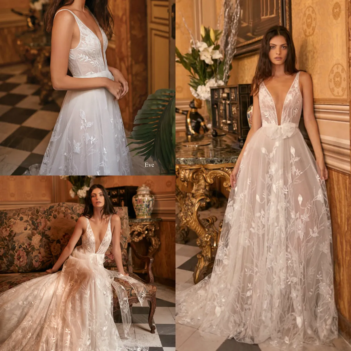 2020 New Gali Karten Wedding Dresses Sleeveless Deep V Neck Lace Tulle Wedding Gowns Sweep Length Sexy vestido de novia