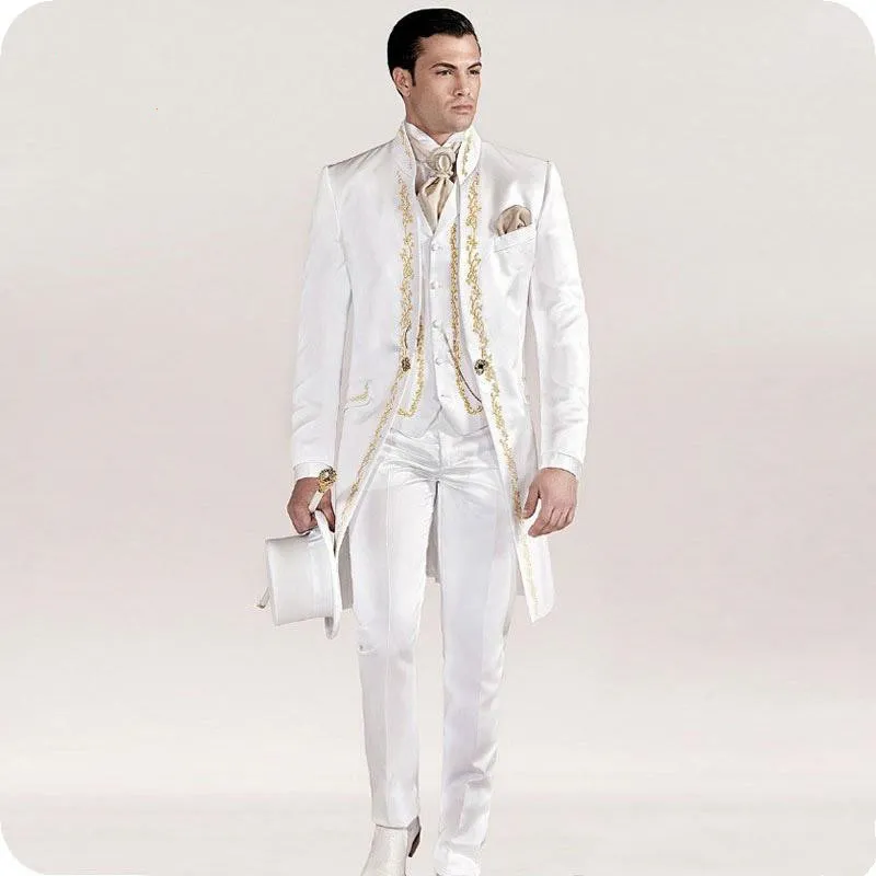 Tailcoat boda para hombre blanco italiano trajes del bordado de la vendimia Slim Fit novio del desgaste de los pantalones de la chaqueta de esmoquin traje de chaleco Homme 20