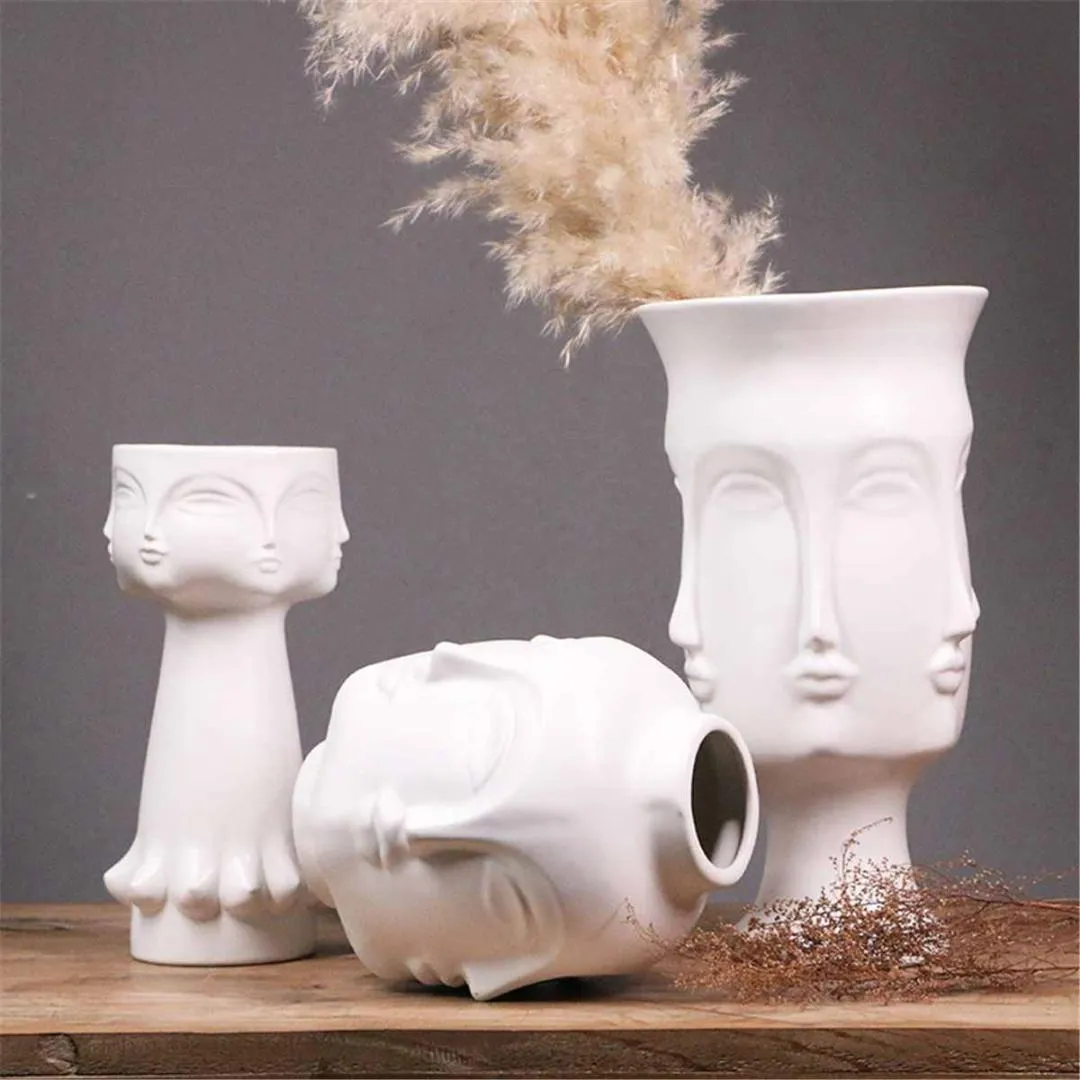 Nordic Minimalist Ceramic Abstract Face Vase Planter White Human