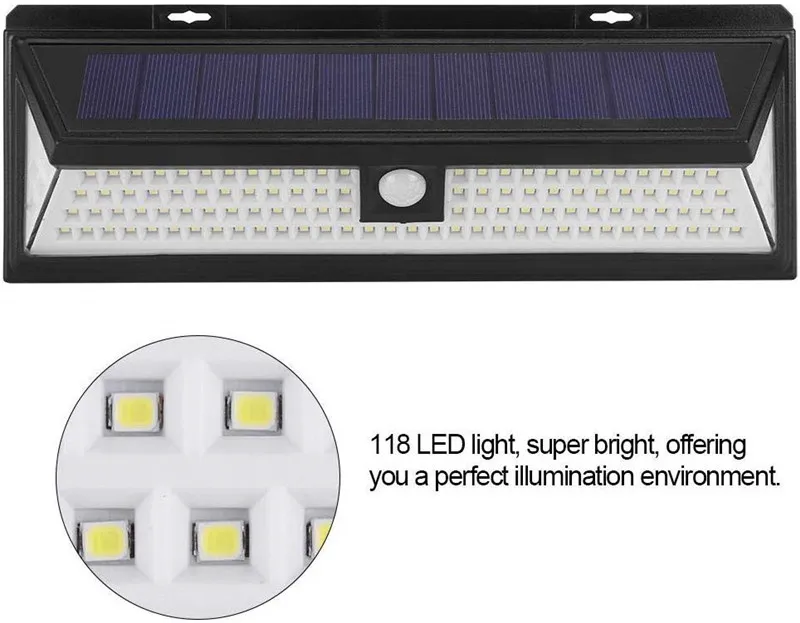 118 LED 1000LM Su geçirmez PIR Hareket Sensörü Güneş Bahçe Işık Mekan LED Güneş Lambalar 3 Modları Güvenlik Havuz Kapı Güneş Işıklar