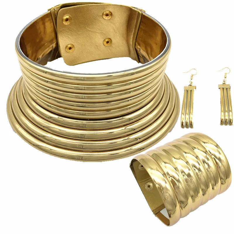 BK Choker Halskette Ohrringe und Armband Damen Goldfarbenes Lederhalsband Maxi Halskette Chokers Großes Schmuckset