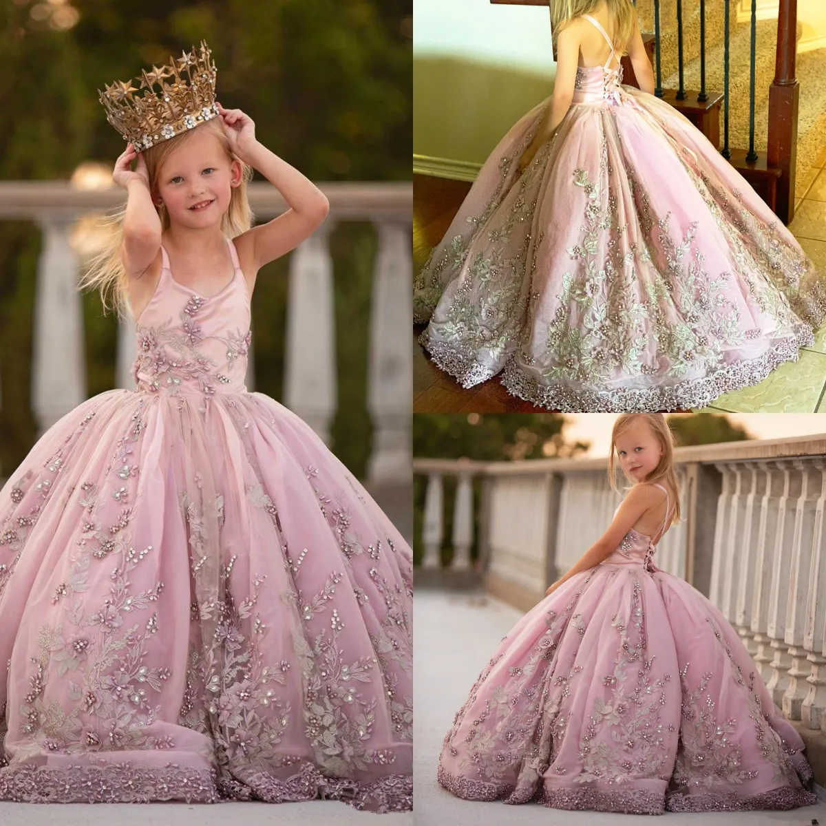 Abiti da ballo con fiori di perle di pizzo Sapghetti Abiti da cerimonia per bambina vintage da comunione