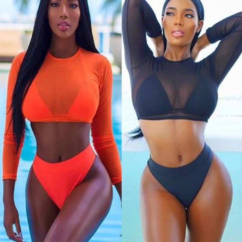 2020 Two Piece Swimsuit Summer Sexy Women Mesh Long Sleeve High Waist Bikini Set Push Up Swimwear Bra+Bottom+Cover Up Swimsuit