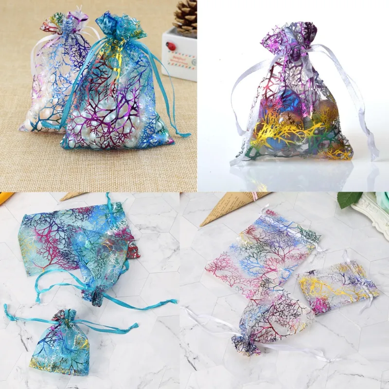 Organza Drawstring Bags Organza Jewelry Candy Packaging Pouches Party Candy Wedding Favor Gift Bags Design Sheer with Gilding Pattern