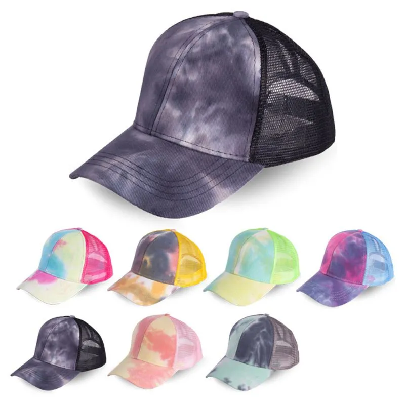 Free Shipping Ponytail Baseball Cap Women Washed Snapback Golf Caps Casual Summer Running Sport Hat Fashion Tie Dye Cap VV85